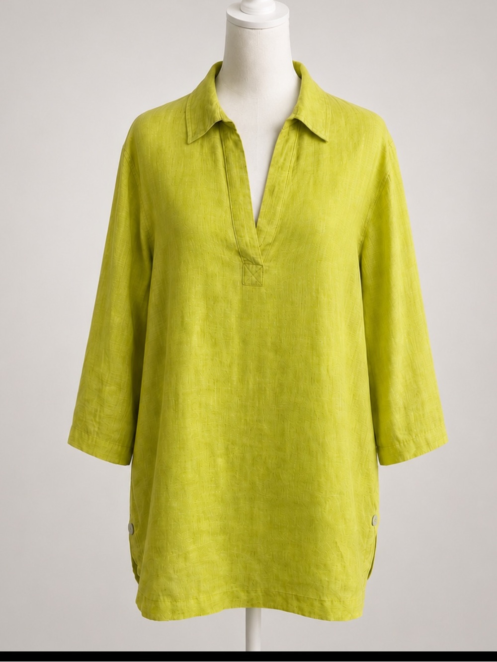 Tahari 100% Linen Lime Green Tunic Blouse 1X Mother-of-Pearl Side Slit Buttons - Picture 1 of 16